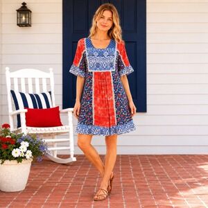 Sundance XS/S Mixed Print Boho Dress Red White Blue Festival Americana 4th July